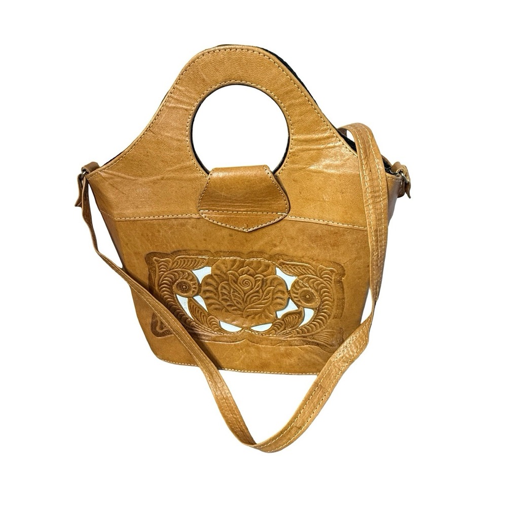 Vintage leather handbag tooled shoulder tan/brown‎ boho